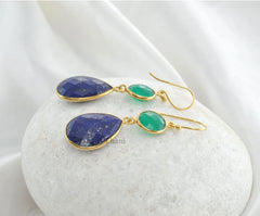 Lapis and Green Onyx Gemstone Dangle Earrings, Micron Gold Plated 925 Sterling Silver Earrings