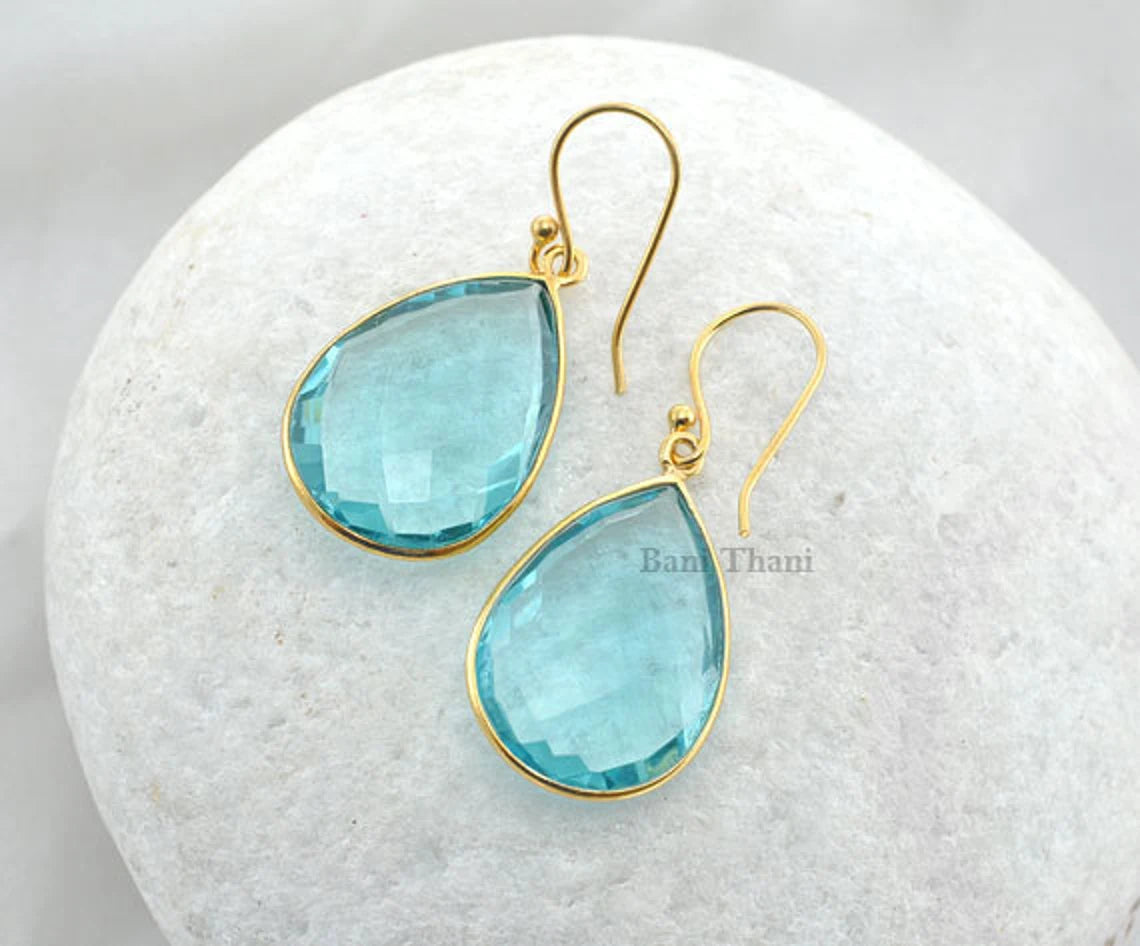 Aqua Quartz Faceted Pear Gemstone Earrings Gold Plated 925 Sterling Silver Earrings, 16x22mm