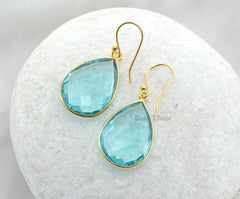 Aqua Quartz Faceted Pear Gemstone Earrings Gold Plated 925 Sterling Silver Earrings, 16x22mm