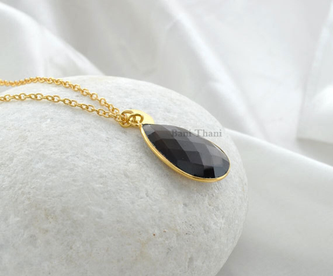 Smoky Quartz 18x25mm Pear Gemstone Bezel Necklace-Gold Plated 925 Sterling Silver Necklace-Charm Necklace-Gift For Womens-Delicate Necklace