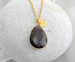 Smoky Quartz 18x25mm Pear Gemstone Bezel Necklace-Gold Plated 925 Sterling Silver Necklace-Charm Necklace-Gift For Womens-Delicate Necklace