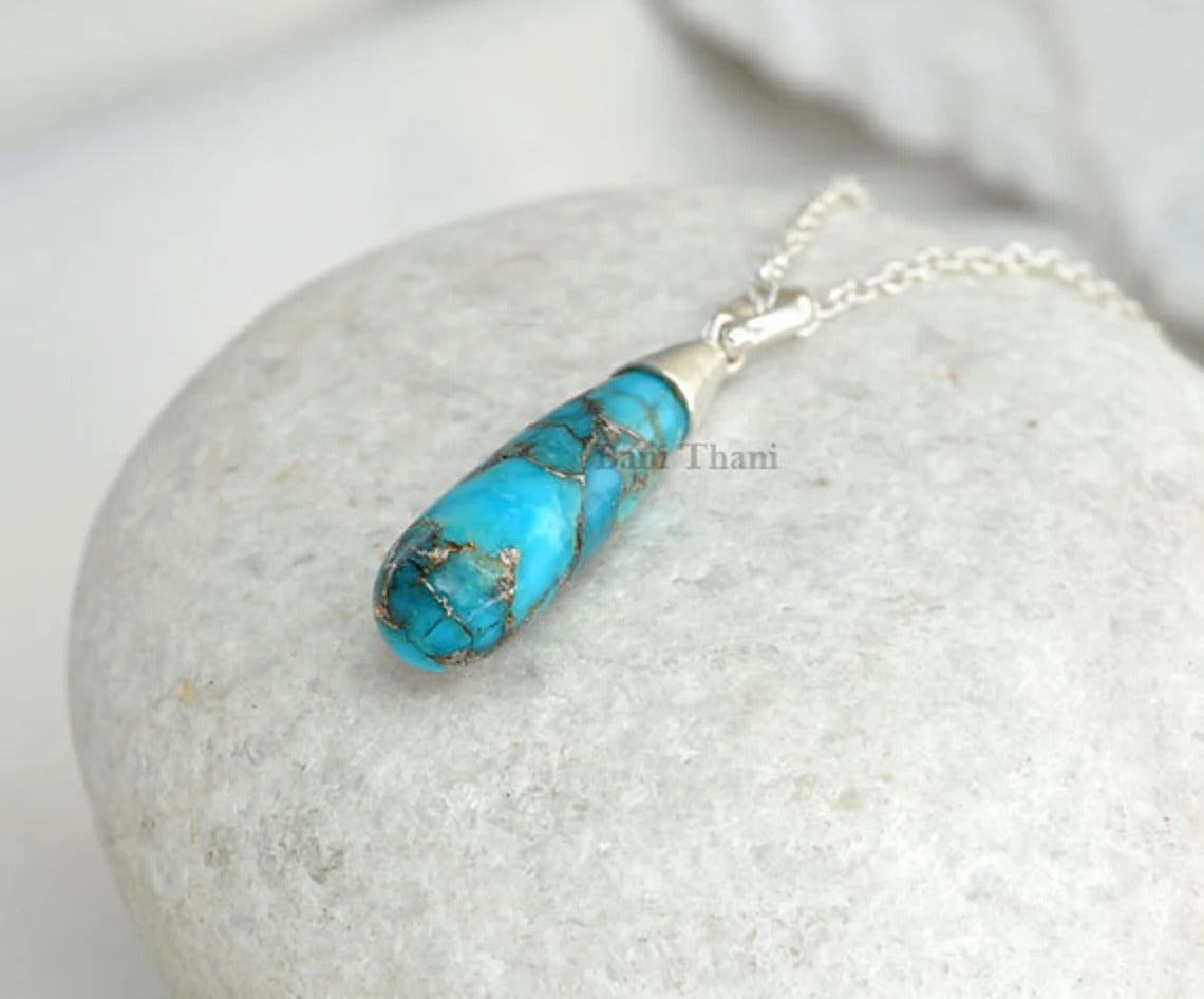 Copper Blue Turquoise Necklace - Handmade Pendant Necklace - 925 Sterling Silver - Wholesale Jewelry - Jewelry For Niece