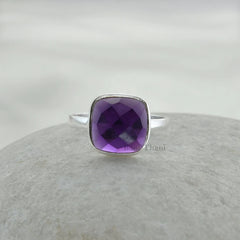 Handmade Silver Amethyst Ring, Amethyst Quartz 10mm Gemstone Ring, 925 Sterling Silver Cushion Ring, Christmas Gift Ring-Silver Boho Jewelry