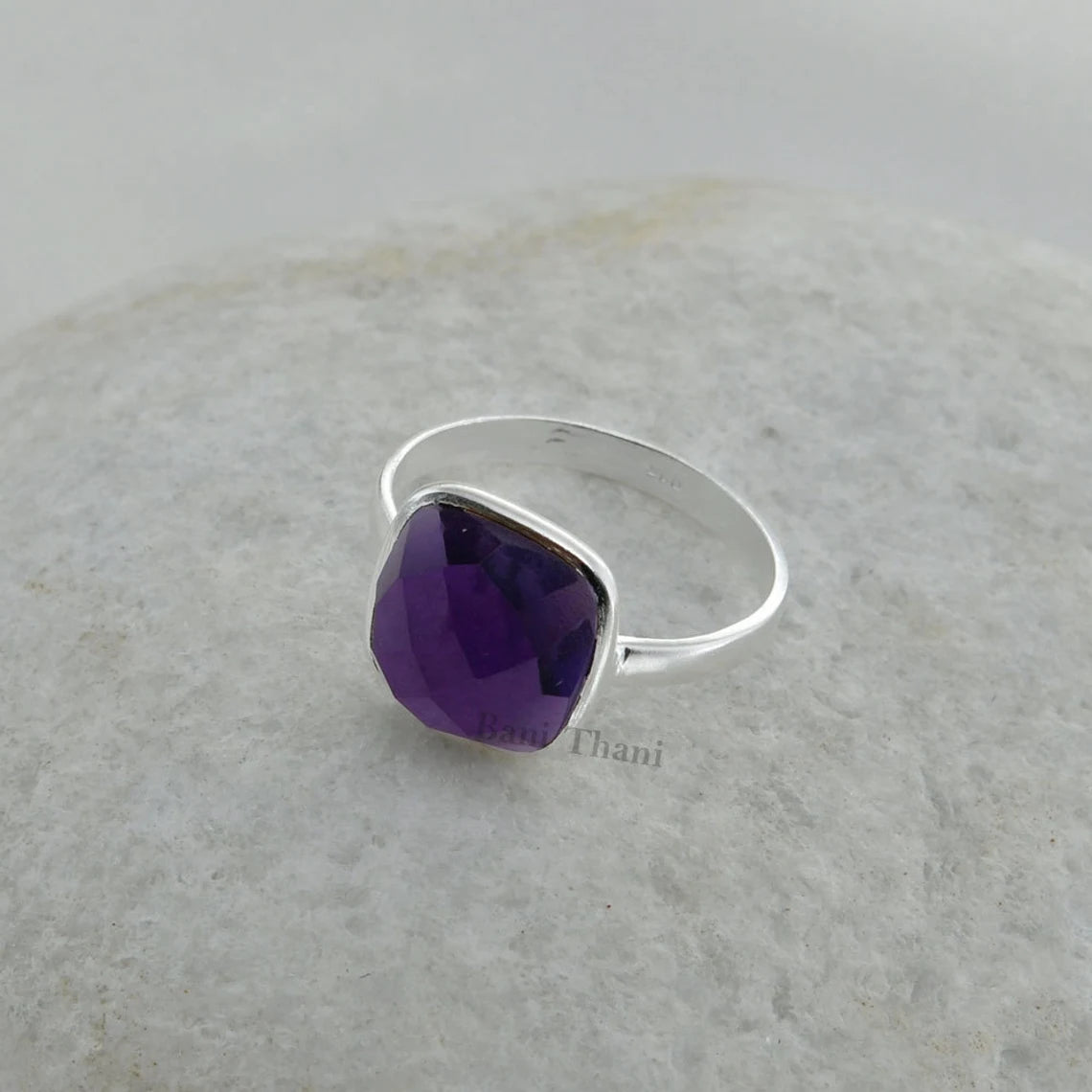 Handmade Silver Amethyst Ring, Amethyst Quartz 10mm Gemstone Ring, 925 Sterling Silver Cushion Ring, Christmas Gift Ring-Silver Boho Jewelry