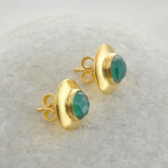 925 Silver Stud Earring - Green Onyx Earring - Round Gemstone Stud - Gold Plated - Designer Textured - Earrings for Womens - 7mm Earring