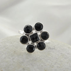 Black Onyx 5mm Square and Round Handcut Gemstone Designer Ring, 925 Sterling Silver Ring, Handmade Ring, Christmas Gift Ring, Bohemian Ring