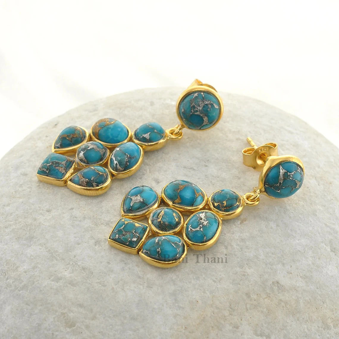 Beautiful Copper Blue Turquoise Handmade Designer Gold Plated 925 Sterling Silver Earring, Anniversary Gift Earrings, Drop Dangle Earrings, Multi Stone Earrings