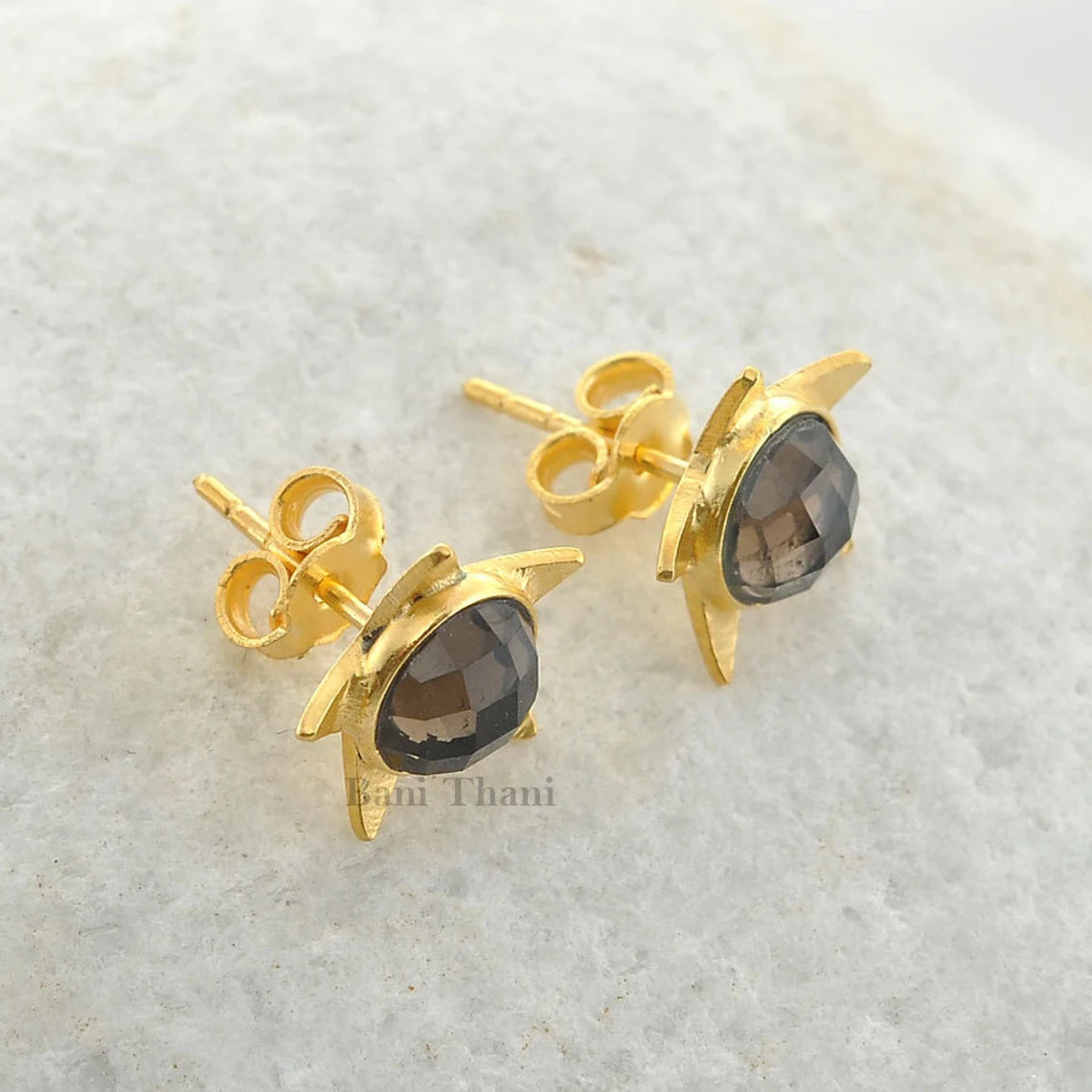 Smoky Quartz Stud Earring - Rose Gold Plated Studs - Round 8mm- 925 Sterling Silver - Trendy Jewelry - Jewelry For Writer - Gift For Women