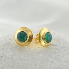 925 Silver Stud Earring - Green Onyx Earring - Round Gemstone Stud - Gold Plated - Designer Textured - Earrings for Womens - 7mm Earring