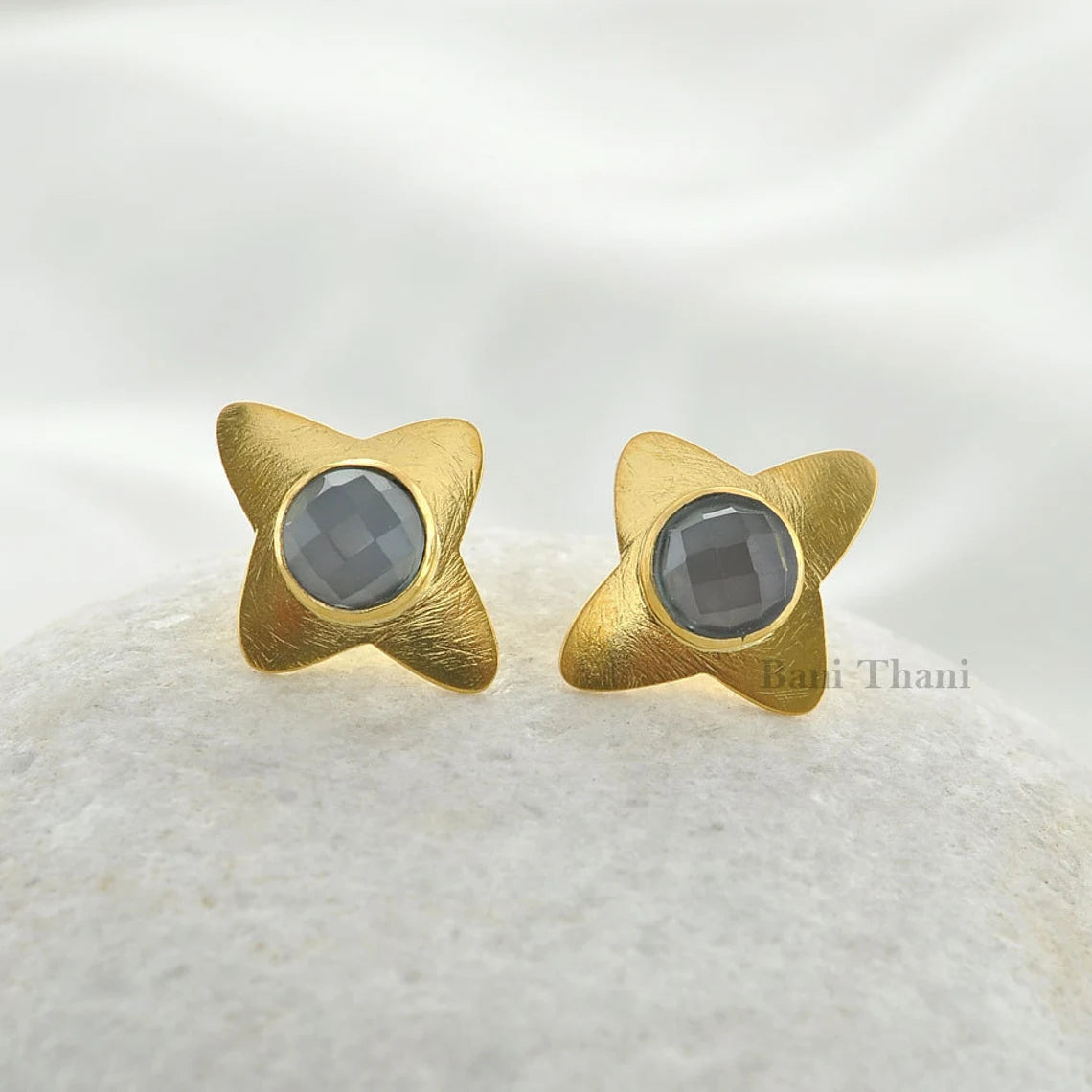 Grey Chalcedony Designer Stud Earring - Gold Plated 925 Silver Stud Earring - Star Shape Earring - Boho Earring - 7mm Round Gemstone Earring