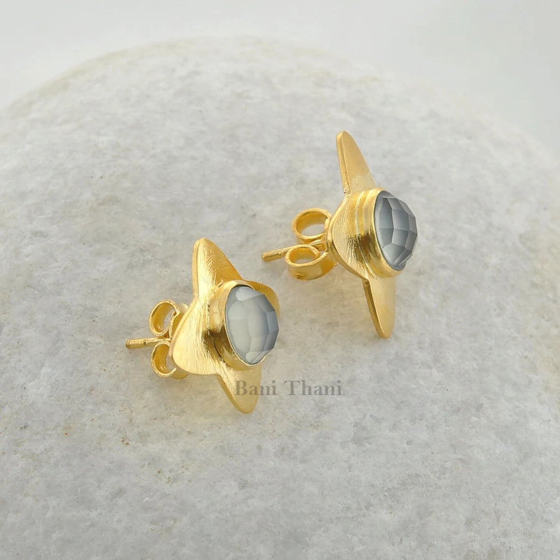 Grey Chalcedony Designer Stud Earring - Gold Plated 925 Silver Stud Earring - Star Shape Earring - Boho Earring - 7mm Round Gemstone Earring