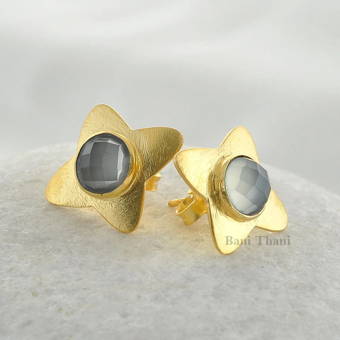 Grey Chalcedony Designer Stud Earring - Gold Plated 925 Silver Stud Earring - Star Shape Earring - Boho Earring - 7mm Round Gemstone Earring