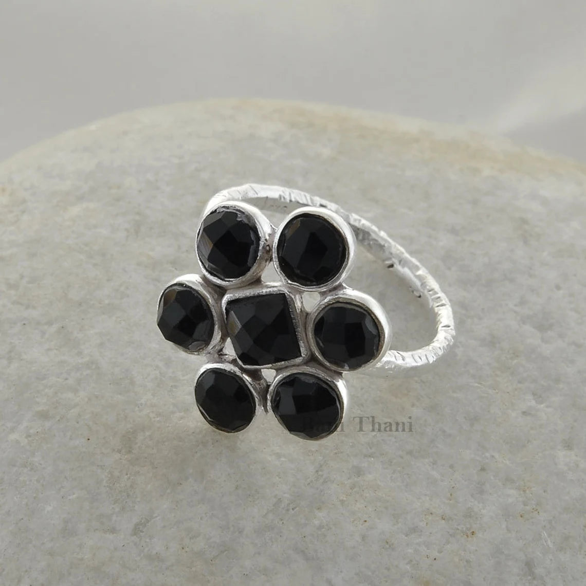 Black Onyx 5mm Square and Round Handcut Gemstone Designer Ring, 925 Sterling Silver Ring, Handmade Ring, Christmas Gift Ring, Bohemian Ring