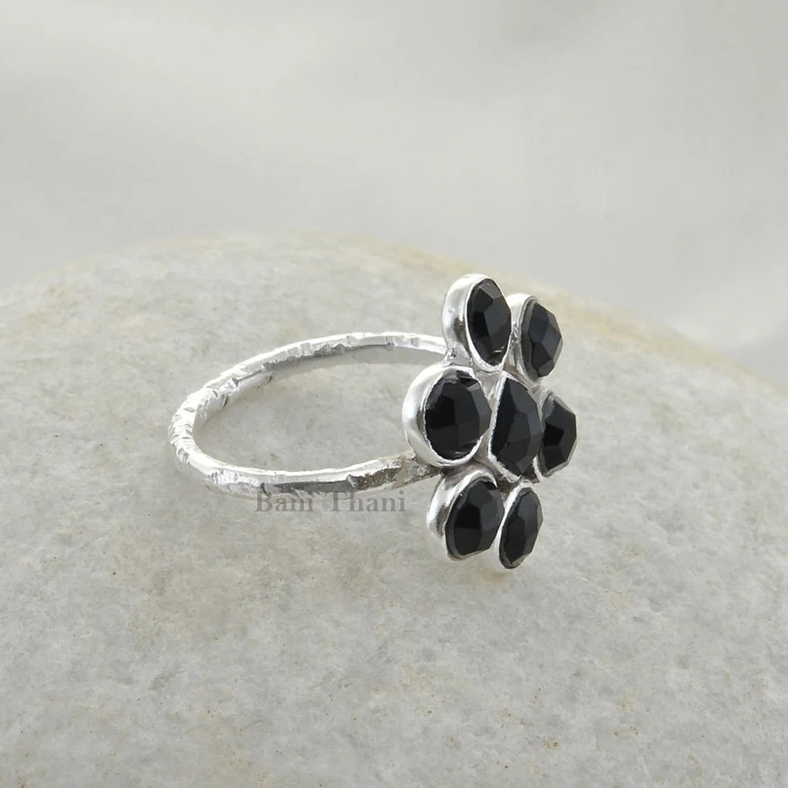 Black Onyx 5mm Square and Round Handcut Gemstone Designer Ring, 925 Sterling Silver Ring, Handmade Ring, Christmas Gift Ring, Bohemian Ring