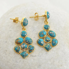 Beautiful Copper Blue Turquoise Handmade Designer Gold Plated 925 Sterling Silver Earring, Anniversary Gift Earrings, Drop Dangle Earrings, Multi Stone Earrings