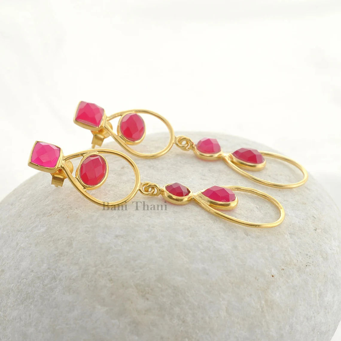 Handmade Designer Hot Pink Chalcedony 5mm x 7mm Faceted Micron Gold Plated 925 Sterling Silver Earring