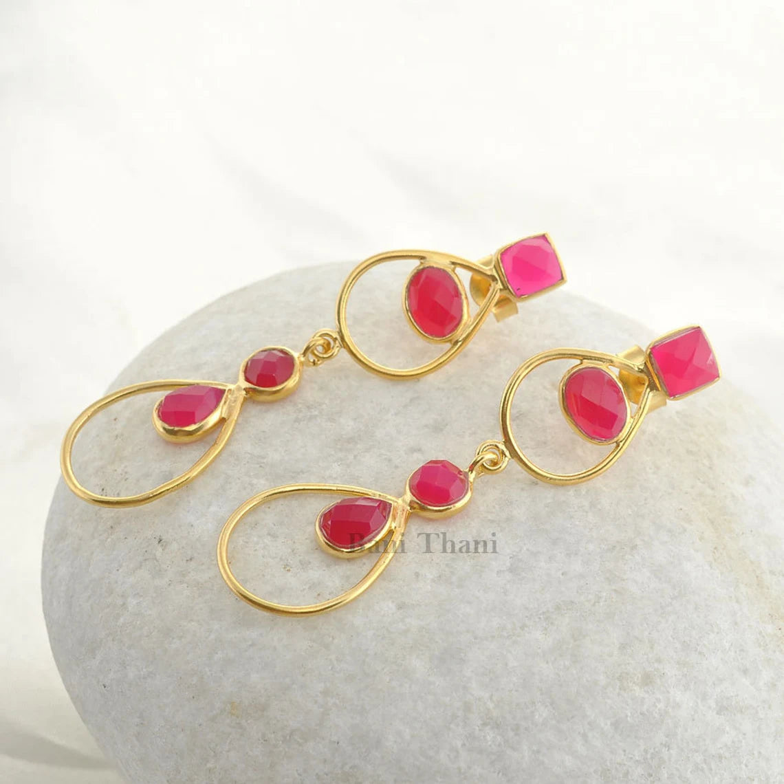 Handmade Designer Hot Pink Chalcedony 5mm x 7mm Faceted Micron Gold Plated 925 Sterling Silver Earring