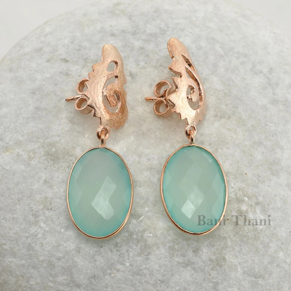 Aqua Chalcedony Oval Gemstone Drop Earrings - Rose Gold Solid 925 Sterling Silver Dangle Earrings - Designer Handmade Earring - Gift for Mom