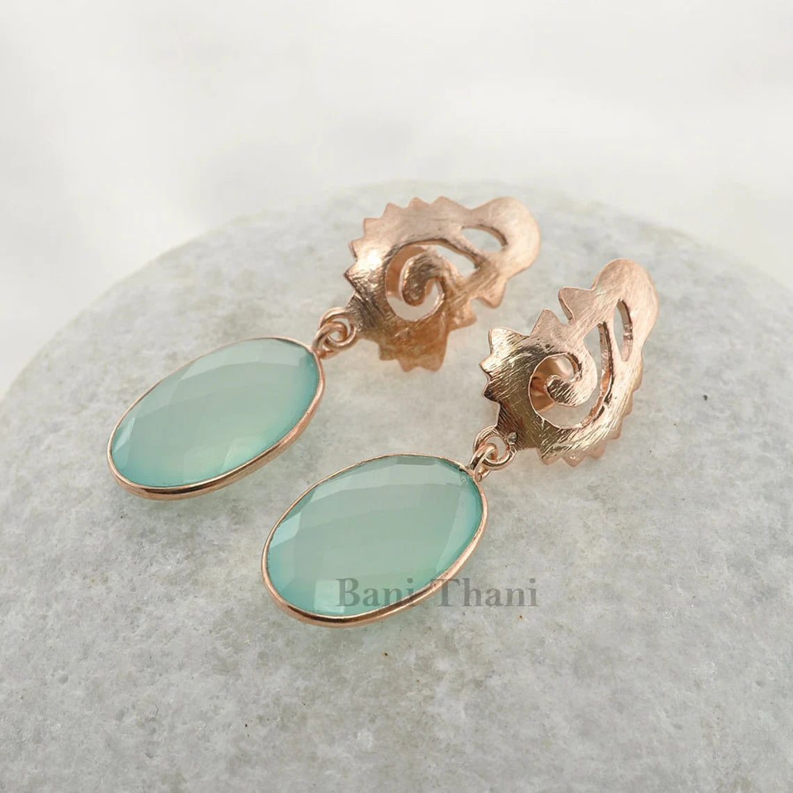 Aqua Chalcedony Oval Gemstone Drop Earrings - Rose Gold Solid 925 Sterling Silver Dangle Earrings - Designer Handmade Earring - Gift for Mom