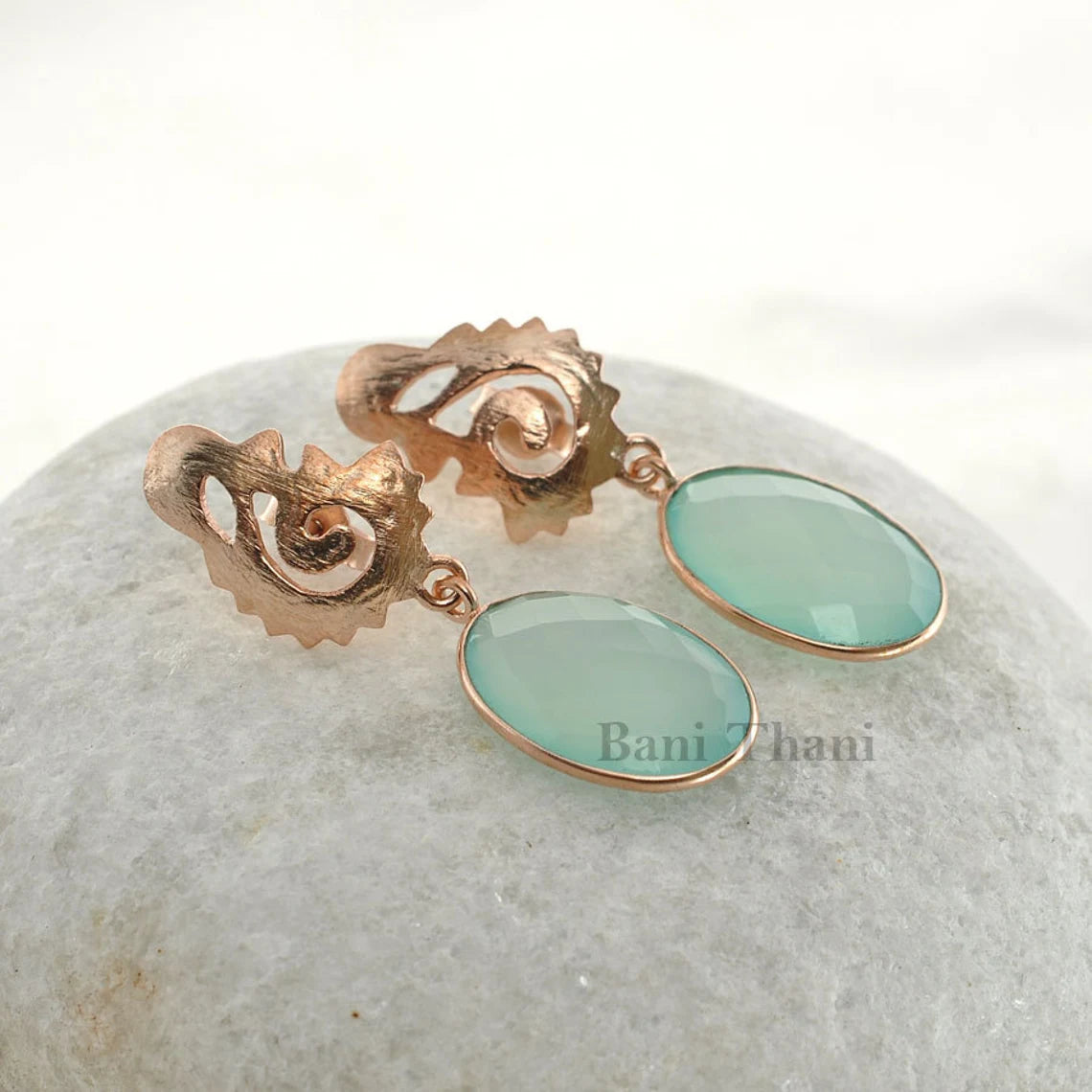 Aqua Chalcedony Oval Gemstone Drop Earrings - Rose Gold Solid 925 Sterling Silver Dangle Earrings - Designer Handmade Earring - Gift for Mom