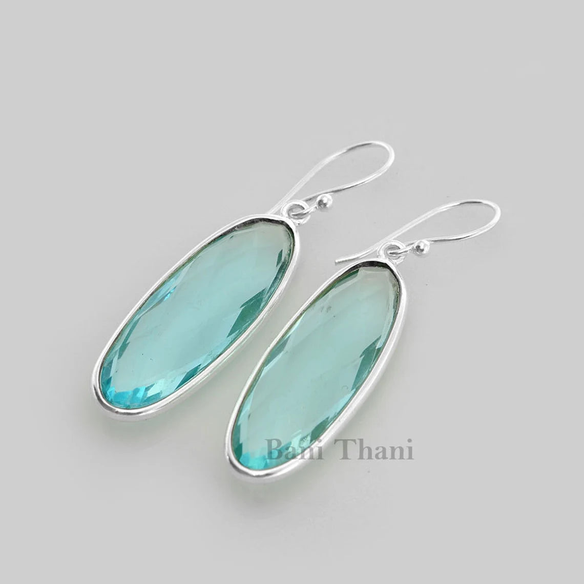 Aqua Quartz 10x30mm Oval Gemstone Drop Earrings, 925 Sterling Silver Dangle Earring, Wedding Gift Earrings, Ethnic Earrings, Bezel Earrings