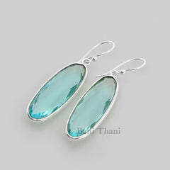 Aqua Quartz 10x30mm Oval Gemstone Drop Earrings, 925 Sterling Silver Dangle Earring, Wedding Gift Earrings, Ethnic Earrings, Bezel Earrings