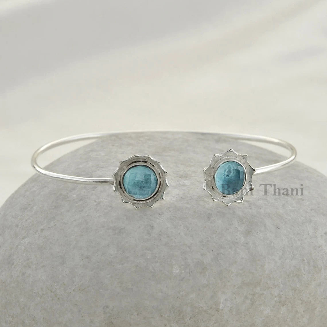 925 Sterling Silver Designer Bangle Bracelet, Aqua Quartz Gemstone Round Faceted, 7mm