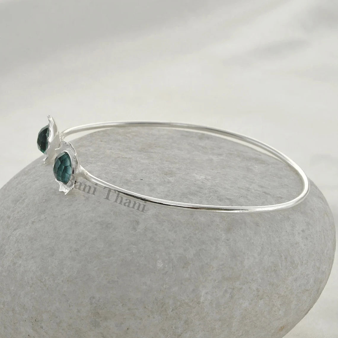 925 Sterling Silver Designer Bangle Bracelet, Aqua Quartz Gemstone Round Faceted, 7mm