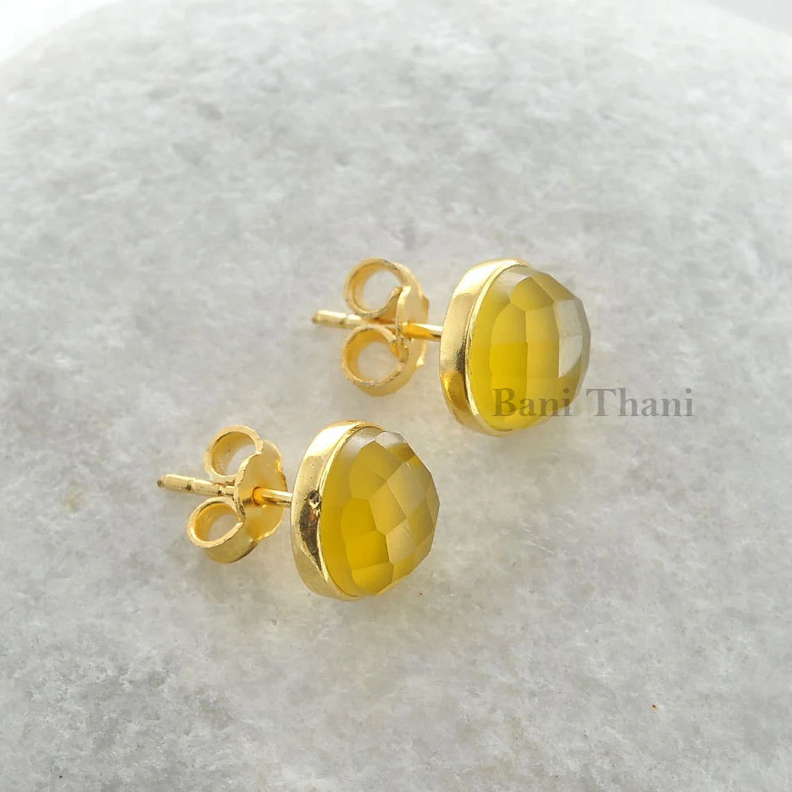 Chalcedony Earrings - Yellow Chalcedony Round Shape Earrings - Gold Plated 925 Sterling Silver Stud Earrings - Best Christmas Gift