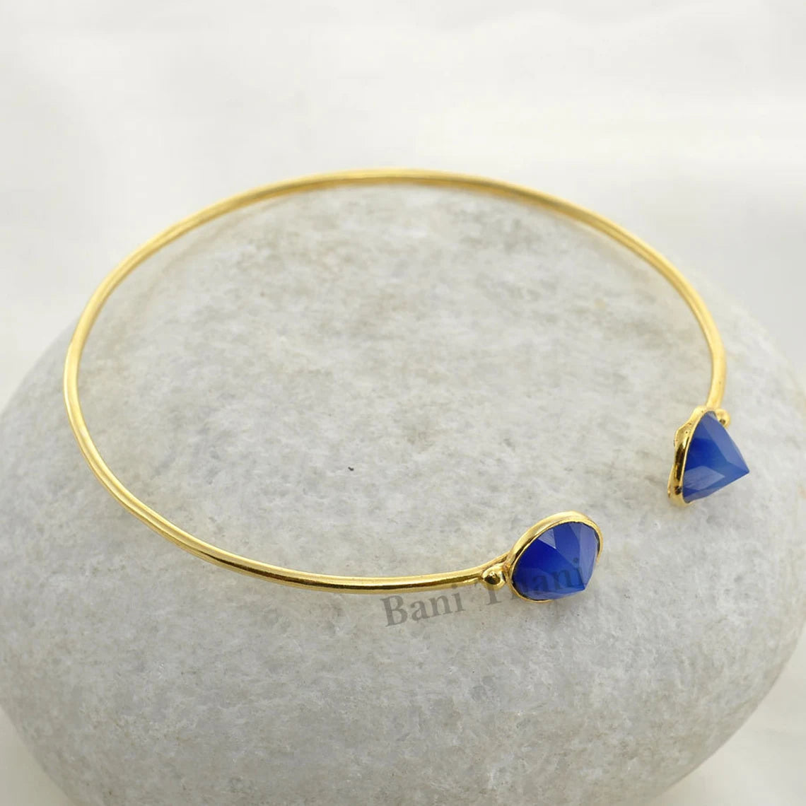 Blue Chalcedony Round Gemstone Cuff Bracelet - Gold Plated 925 Sterling Silver Bangle - Adjustable Cuff Bracelet - Christmas Gift Bracelet