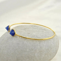 Blue Chalcedony Round Gemstone Cuff Bracelet - Gold Plated 925 Sterling Silver Bangle - Adjustable Cuff Bracelet - Christmas Gift Bracelet