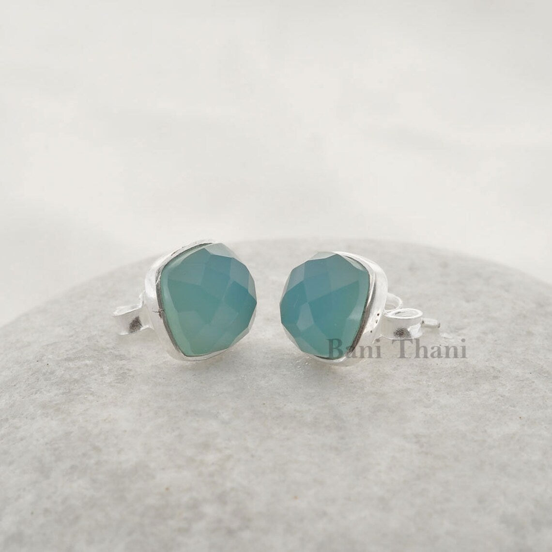 Blue Chalcedony Stud Earrings - 925 Sterling Silver - Faceted Cushion 9mm - Artisan Jewelry - Jewelry For Anniversary - Gift For Mothers Day