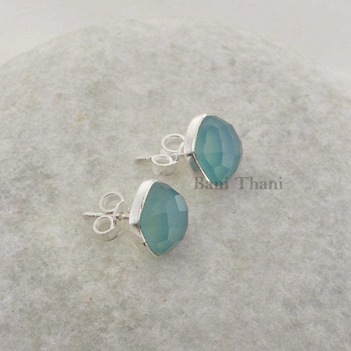 Blue Chalcedony Stud Earrings - 925 Sterling Silver - Faceted Cushion 9mm - Artisan Jewelry - Jewelry For Anniversary - Gift For Mothers Day