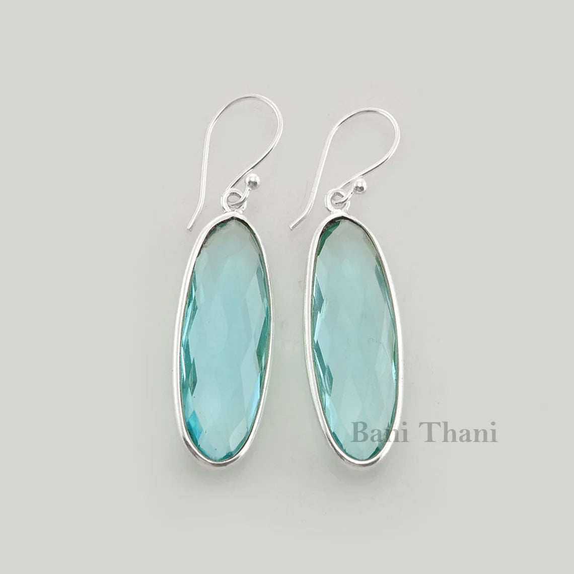 Aqua Quartz 10x30mm Oval Gemstone Drop Earrings, 925 Sterling Silver Dangle Earring, Wedding Gift Earrings, Ethnic Earrings, Bezel Earrings