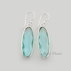 Aqua Quartz 10x30mm Oval Gemstone Drop Earrings, 925 Sterling Silver Dangle Earring, Wedding Gift Earrings, Ethnic Earrings, Bezel Earrings