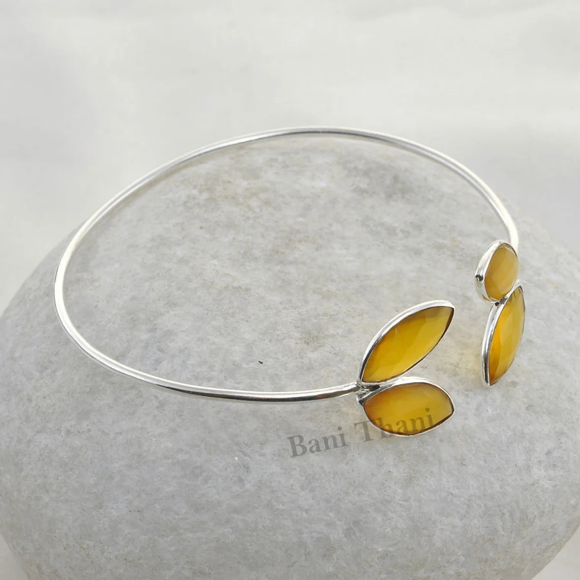 Beautiful Yellow Chalcedony 7x14mm Marquise Faceted 925 Sterling Silver Bangle