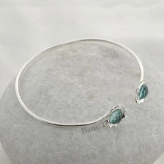 925 Sterling Silver Designer Bangle Bracelet, Aqua Quartz Gemstone Round Faceted, 7mm