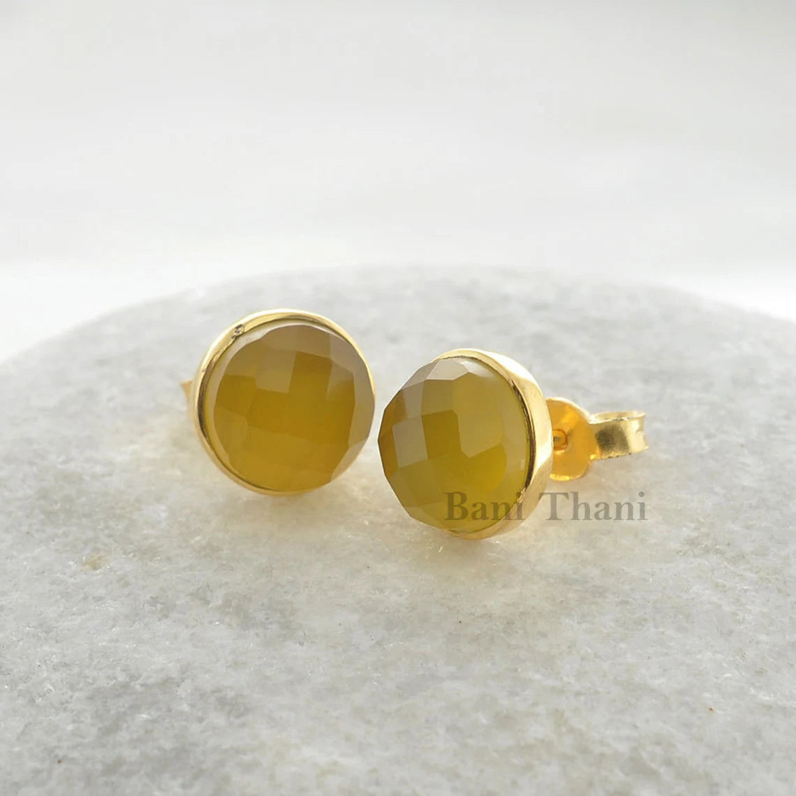 Chalcedony Earrings - Yellow Chalcedony Round Shape Earrings - Gold Plated 925 Sterling Silver Stud Earrings - Best Christmas Gift