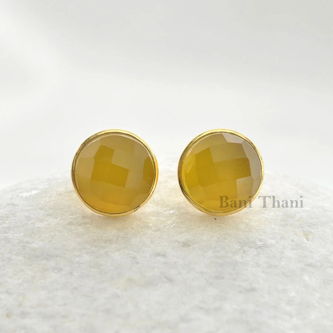 Chalcedony Earrings - Yellow Chalcedony Round Shape Earrings - Gold Plated 925 Sterling Silver Stud Earrings - Best Christmas Gift