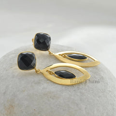 Anniversary Gift Earrings, Black Onyx Faceted Gemstone Drop Earrings, 18k Gold Plated 925 Sterling Silver Dangle Earrings, Elegant Earrings