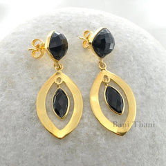 Anniversary Gift Earrings, Black Onyx Faceted Gemstone Drop Earrings, 18k Gold Plated 925 Sterling Silver Dangle Earrings, Elegant Earrings