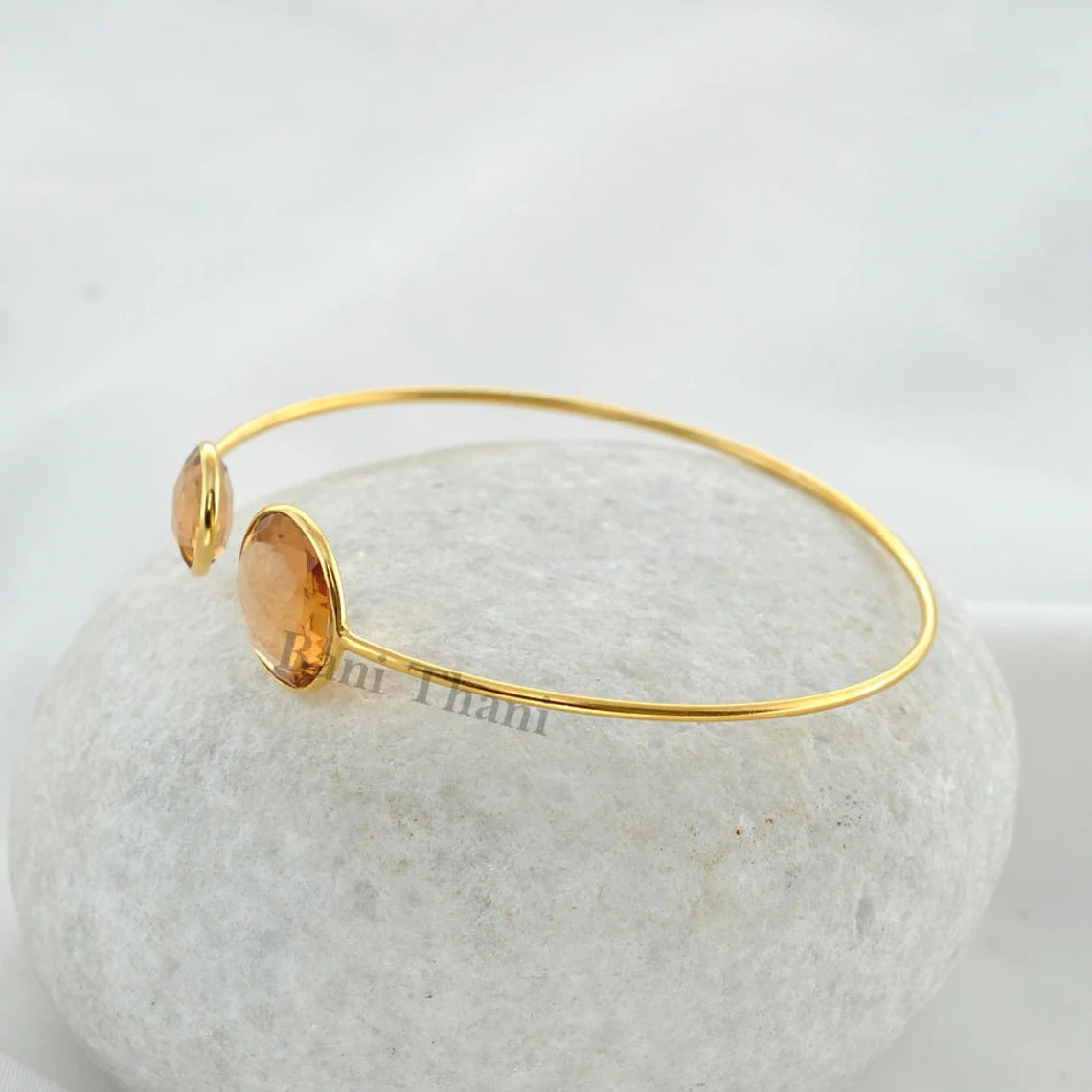 Champagne Quartz 14mm, 10mm Micron Gold Plated 925 Sterling Silver Bangle