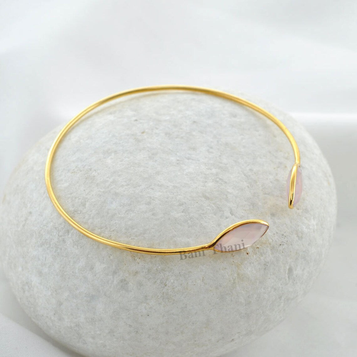 Pink Chalcedony Gemstone Bracelets - Gold Plated Bangle - Gift Jewelry - Sterling Silver Bangle Bracelet, 7x14mm