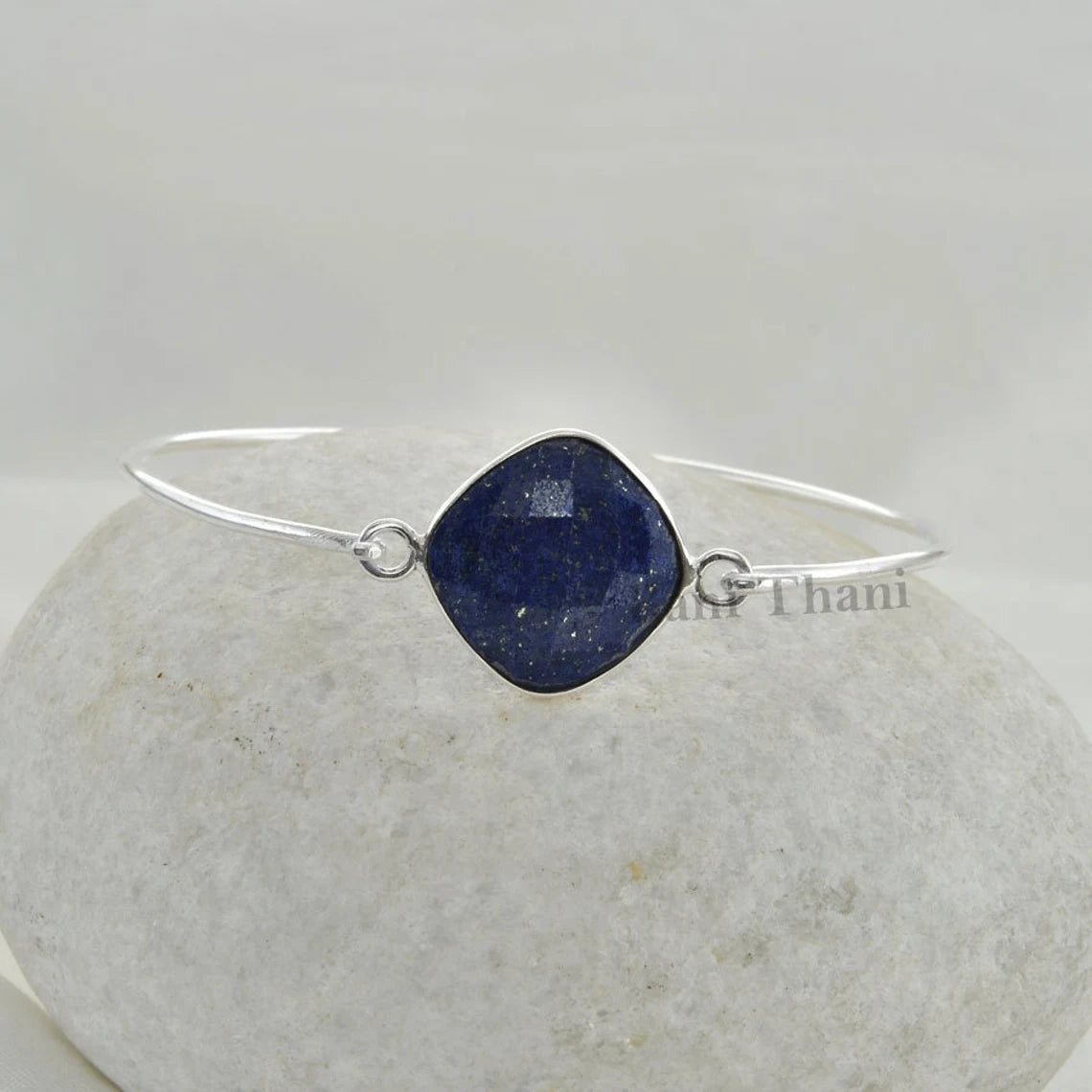 Lapis Lazuli Gemstone Bracelet - 925 Sterling Silver Bangle - Wedding Gift for Her - Diamond Cut Bangle - Birthstone Bracelet - Gift for Mom