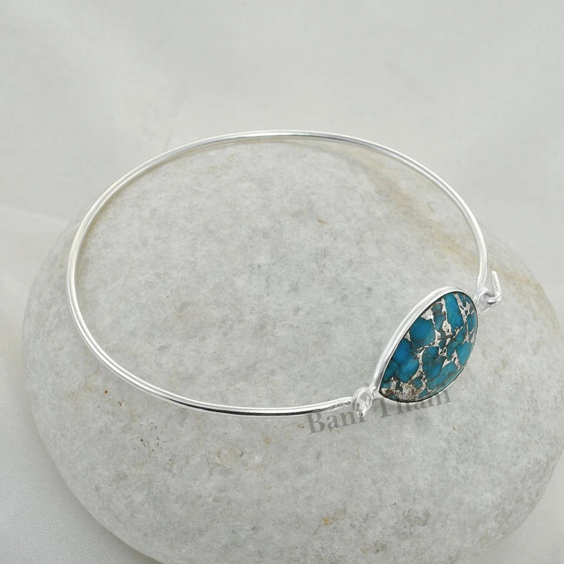 Silver Blue Turquoise Pear Shape 15x20mm 925 Sterling Silver Bangle