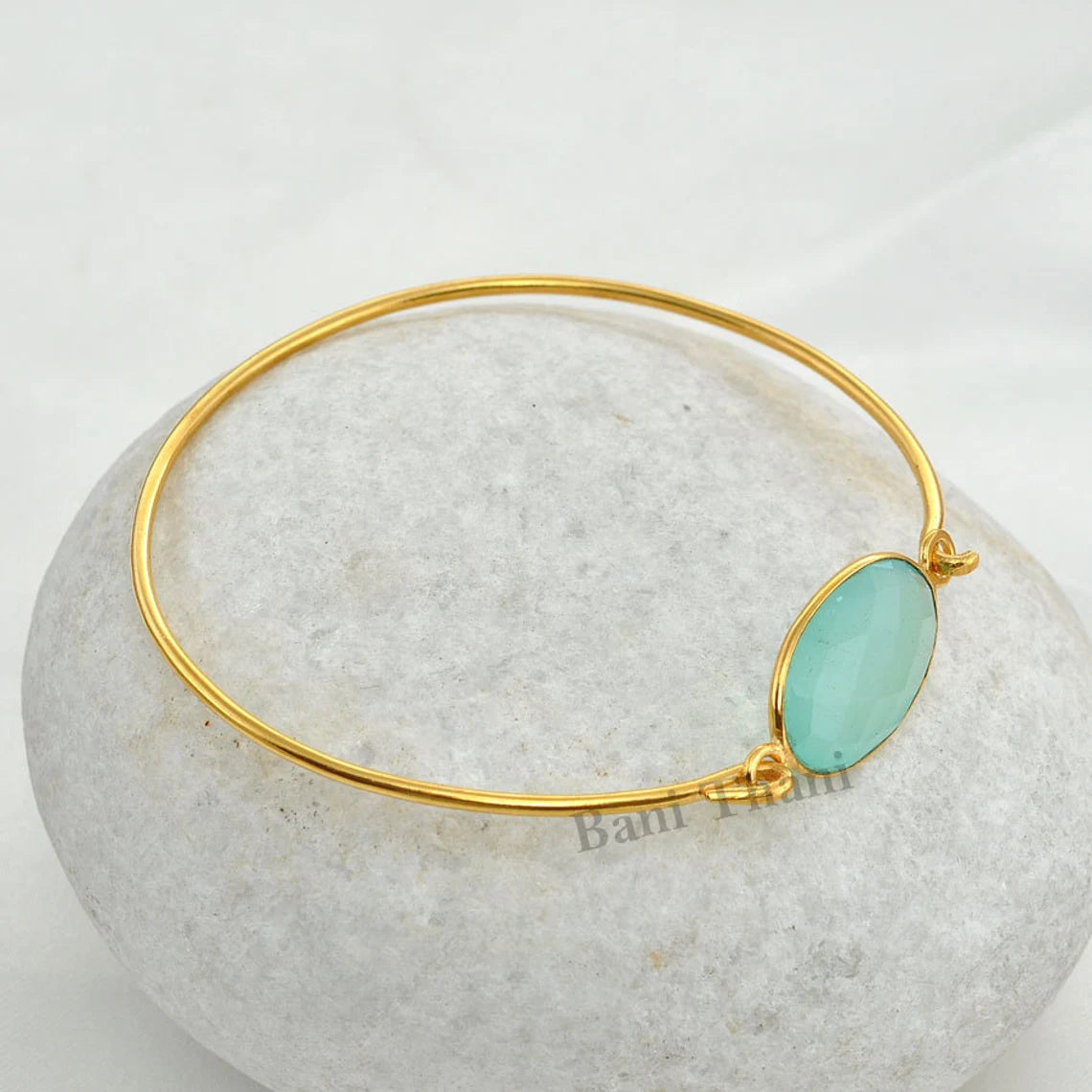 Aqua Chalcedony Bangle - Sterling Silver - Gemstone Bracelet - 12x20mm Oval - Healing Jewelry Bangle - Gift For Healing - Jewelry for Date