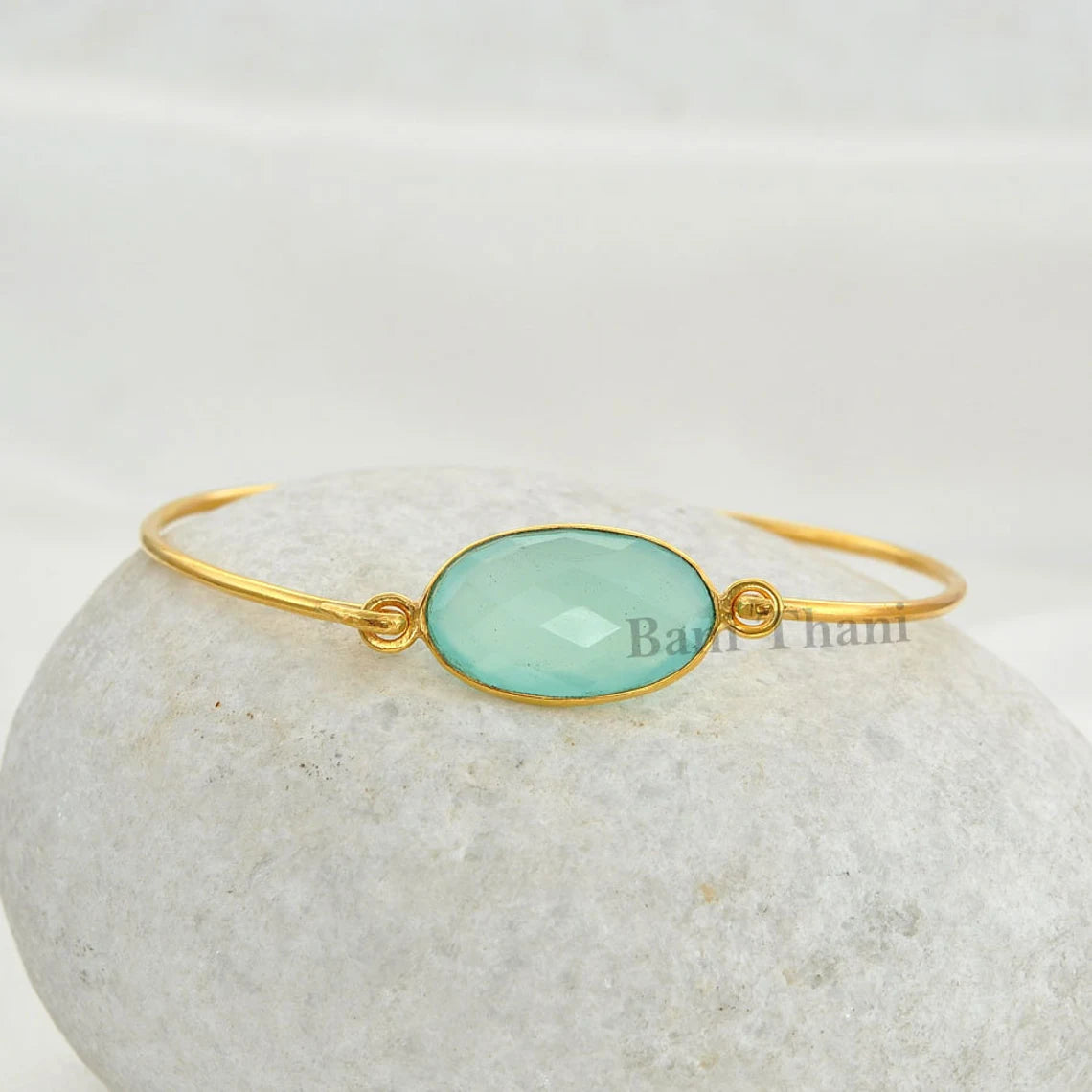 Aqua Chalcedony Bangle - Sterling Silver - Gemstone Bracelet - 12x20mm Oval - Healing Jewelry Bangle - Gift For Healing - Jewelry for Date