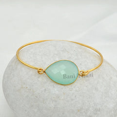 Aqua Chalcedony Pear Gemstone Bracelet - Gold Plated 925 Sterling Silver Bangle - Wedding Gift for Women - Handmade Bracelet - Gift for Her