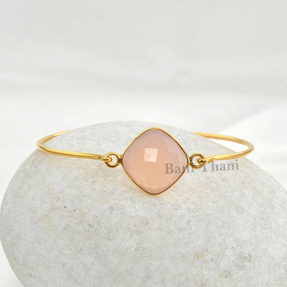 Pink Chalcedony Bangle - Solid Silver - Gold Plated Bracelet - 18mm Faceted Cushion - Statement Jewelry - Gift For Lady - Jewelry for Prom