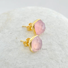 Pink Chalcedony Stud Earrings - Solid Silver Earrings - Gold Plated Studs - Artisan Jewelry - Gift For Grand Daughter - Jewelry For Everyday